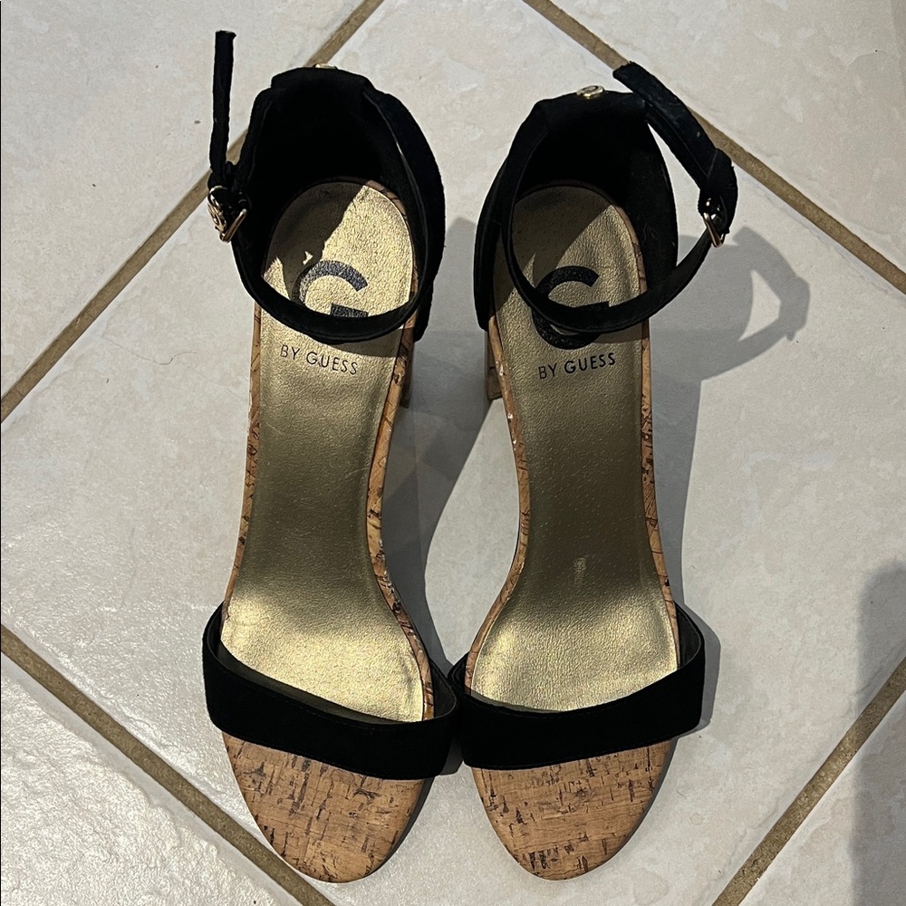 Guess Black and Gold Ankle Strap Heels